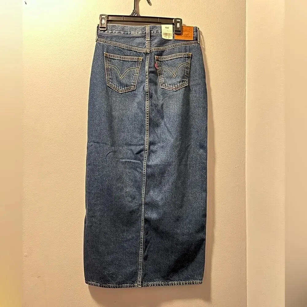 Levis Blue Denim Maxi Skirt size 25 slit in front - Picture 2 of 8
